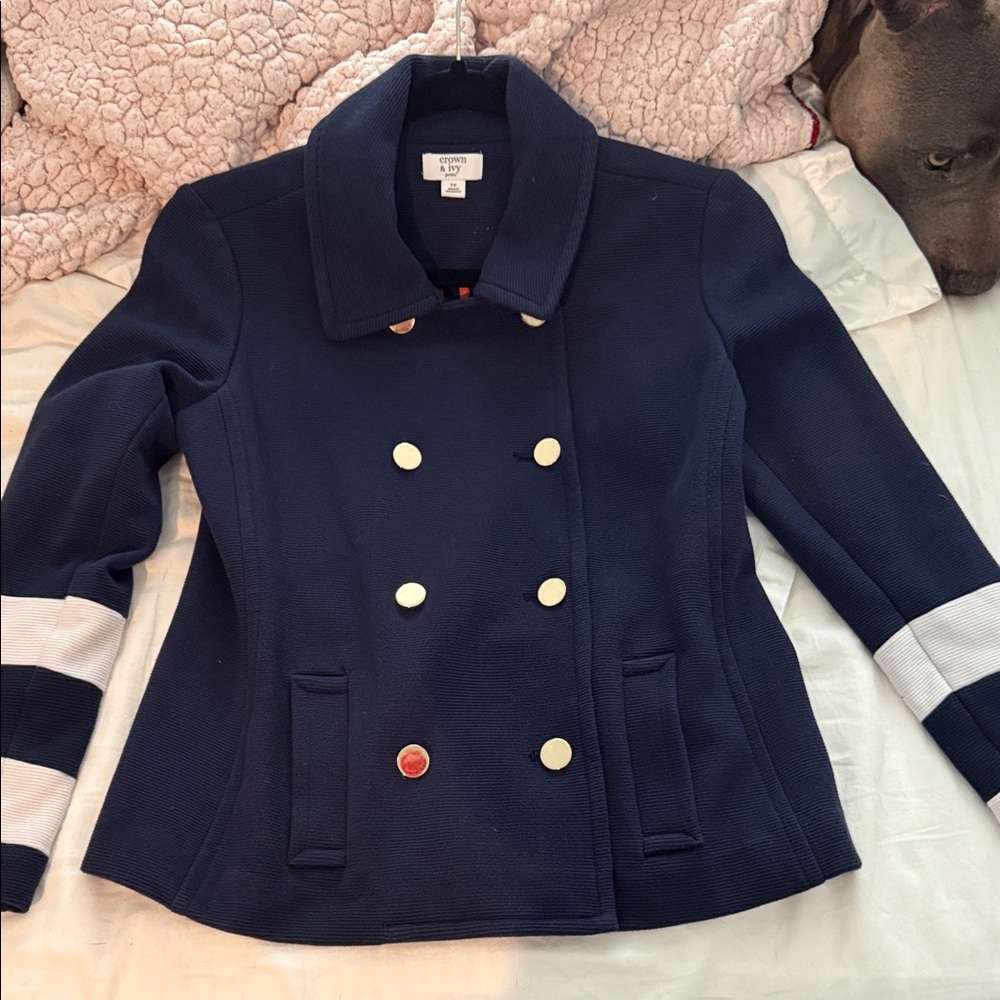 Crown & Ivy Dark Blue Pea Coat with Light Stripes